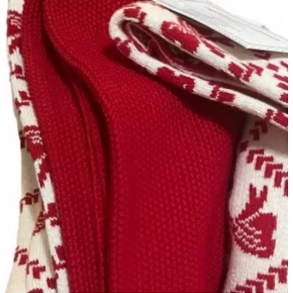 cupcakes & cashmere 3 Tea Towels Ivory Tan Red Christmas Bow Tie Cotton Knit
